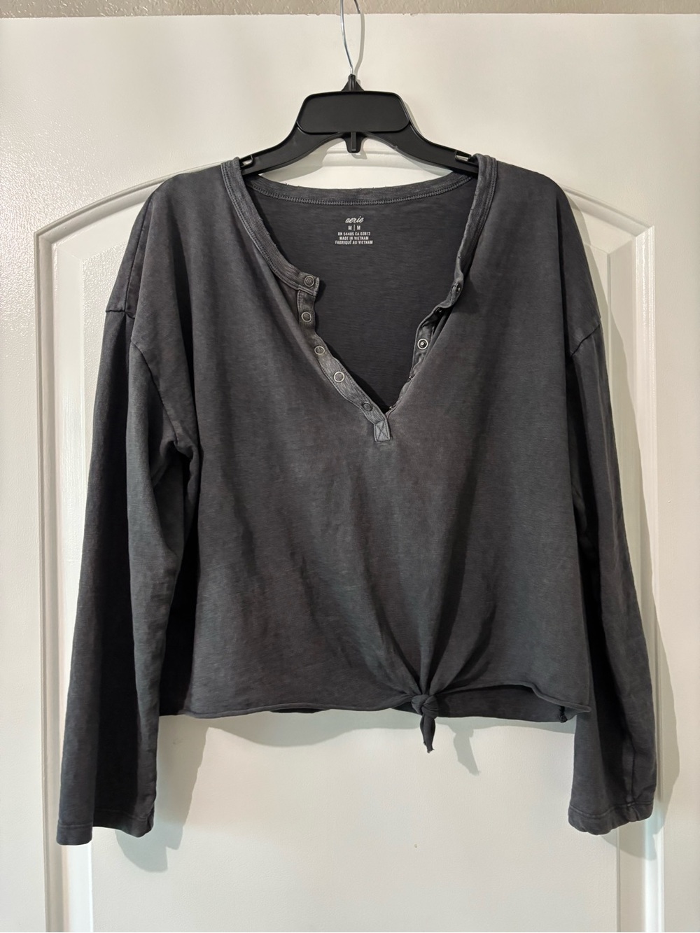 aerie Washed Charcoal Henley Tie-Front Long Sleeve Top
